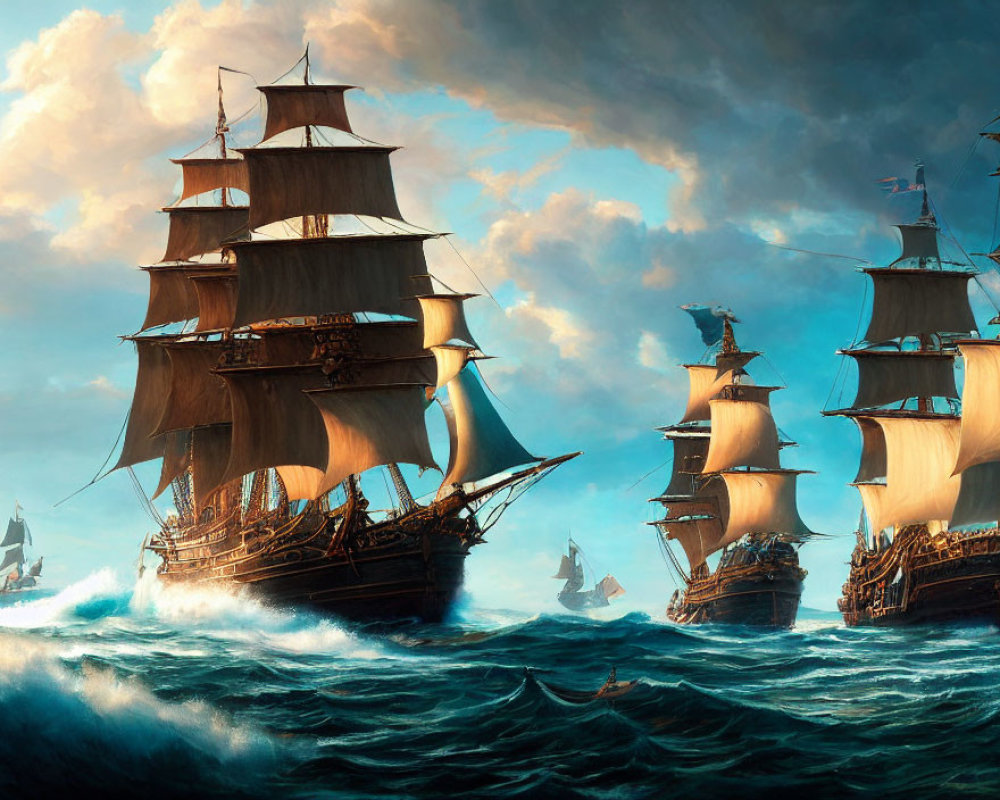 Majestic tall ships with multiple sails on high seas at sunset