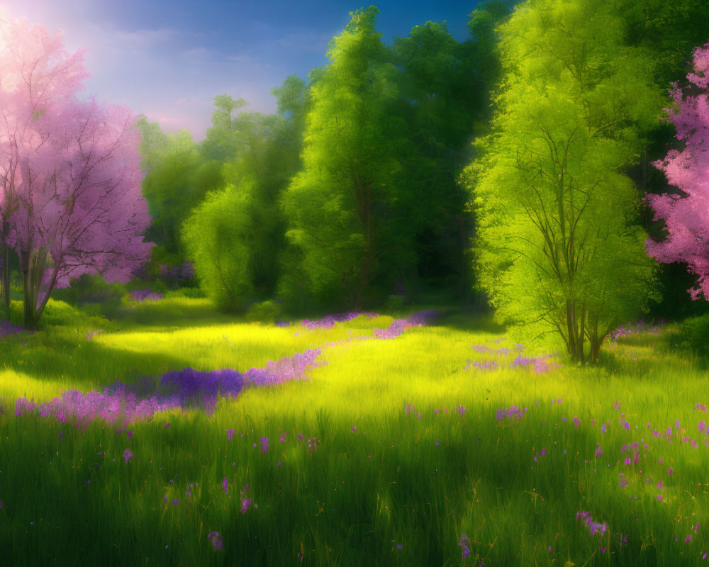 Vibrant green trees and colorful wildflowers in lush meadow