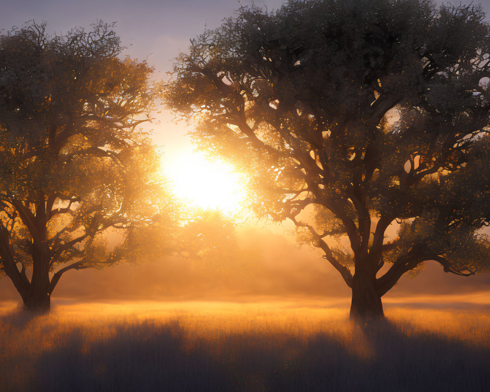 Golden misty field with shadows in dense trees at sunrise or sunset