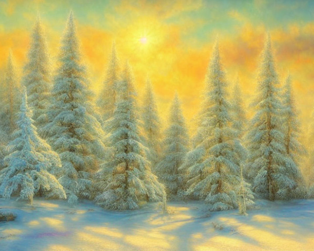 Winter sunrise illuminates snow-covered pine trees