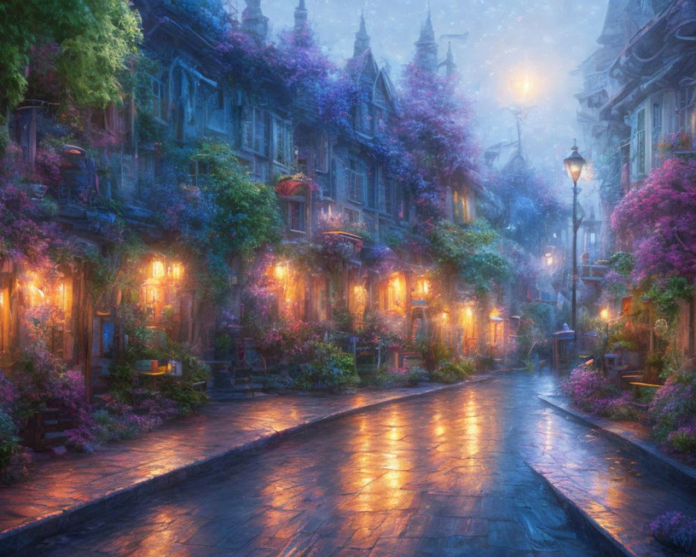 Enchanting cobblestone street with old buildings, lantern light, wisteria, twilight sky