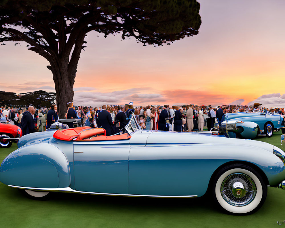 Classic cars and elegantly dressed attendees at vintage car show at sunset