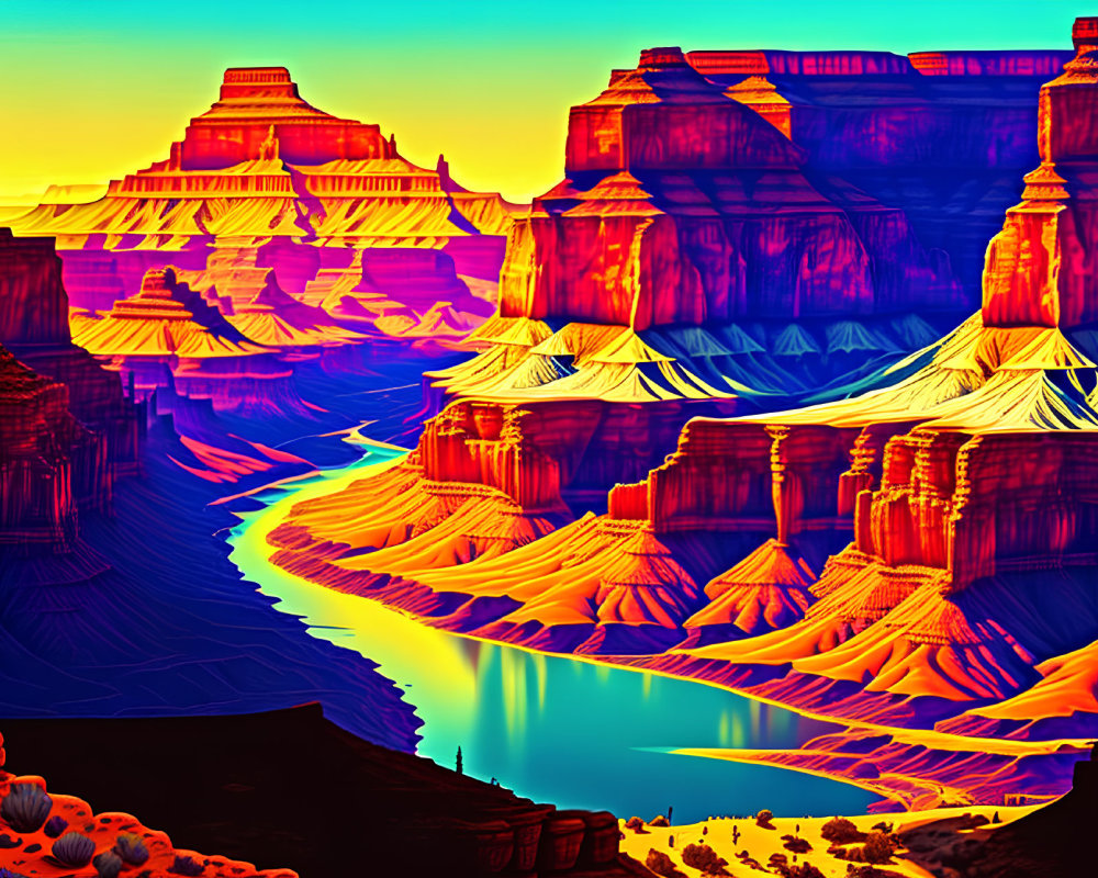 Colorful digital artwork: Canyon with meandering river, steep cliffs, and warm backdrop