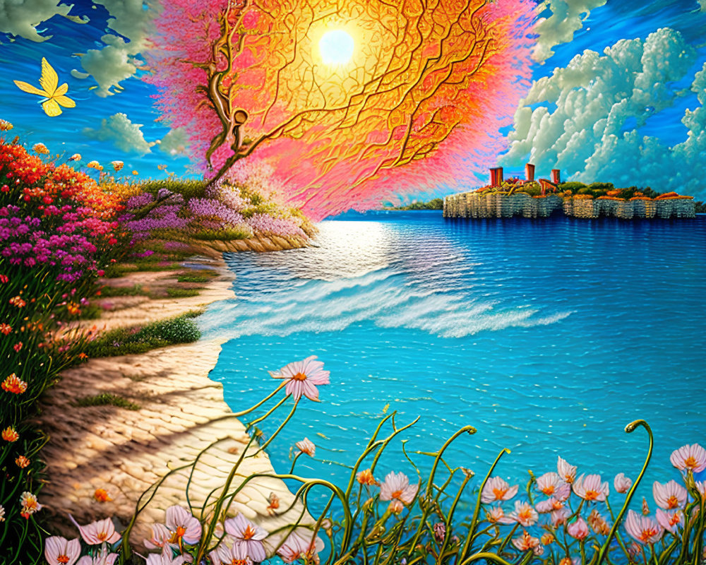 Colorful surreal landscape with sun-patterned tree and reflective river