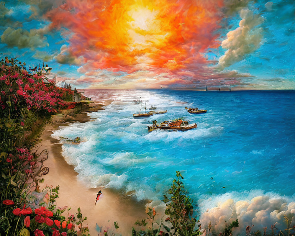 Colorful Beach Sunset with Walking Figure, Boats, Clouds, and Floral Foliage