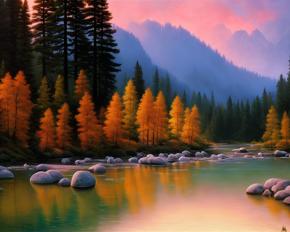 Golden-hued trees by serene river with misty mountains at dusk