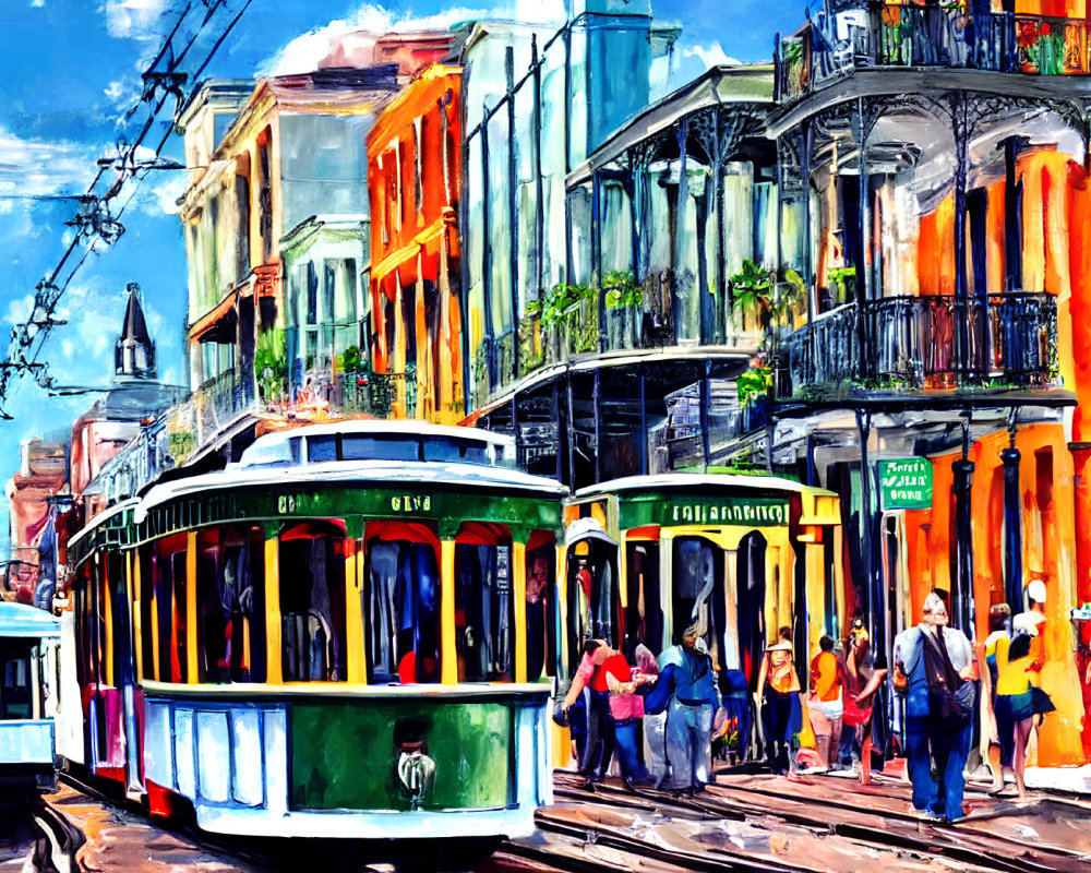 Vibrant street scene with classic streetcars and historical buildings