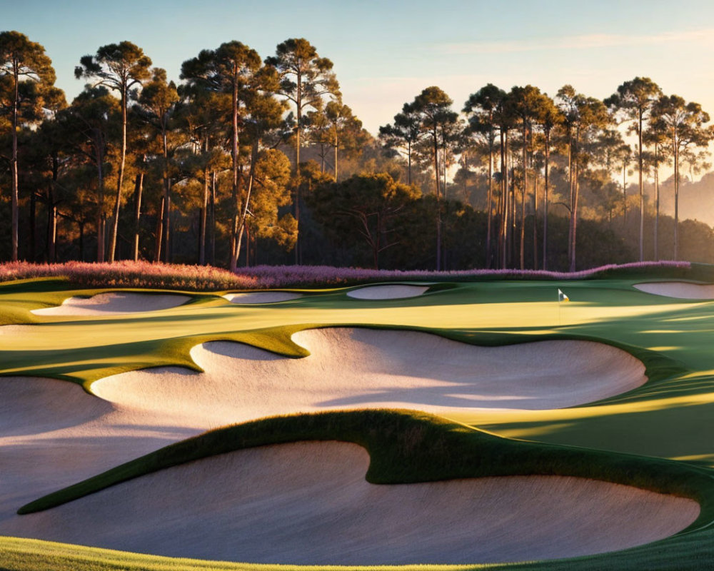 Tranquil golf course at sunset with manicured greens, sand bunkers, and pine trees