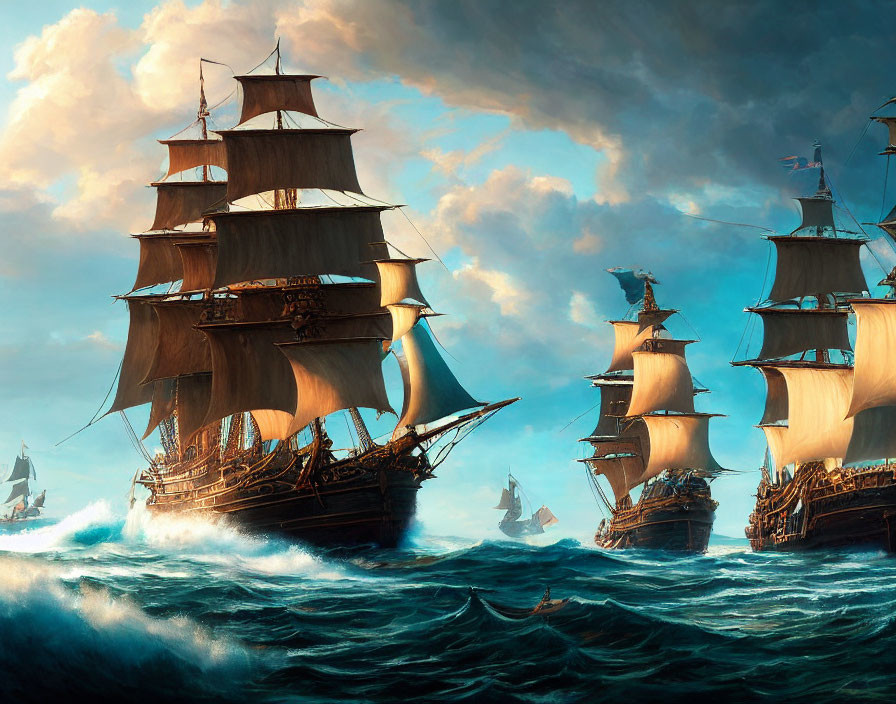 Majestic tall ships with multiple sails on high seas at sunset