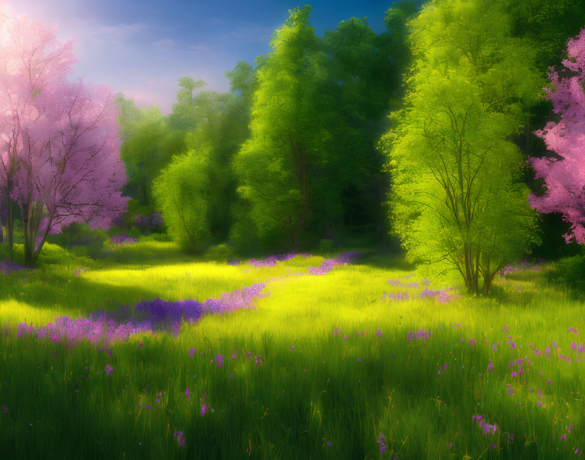 Vibrant green trees and colorful wildflowers in lush meadow