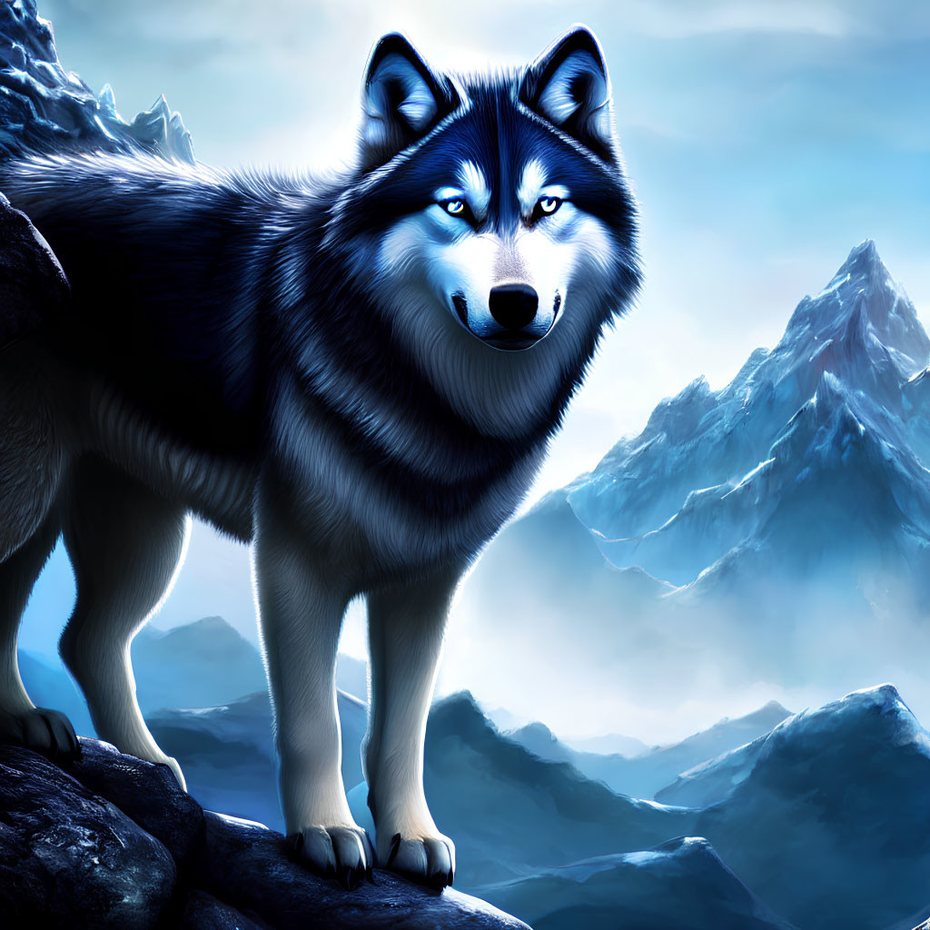 Majestic animated wolf with blue eyes in mountain scenery