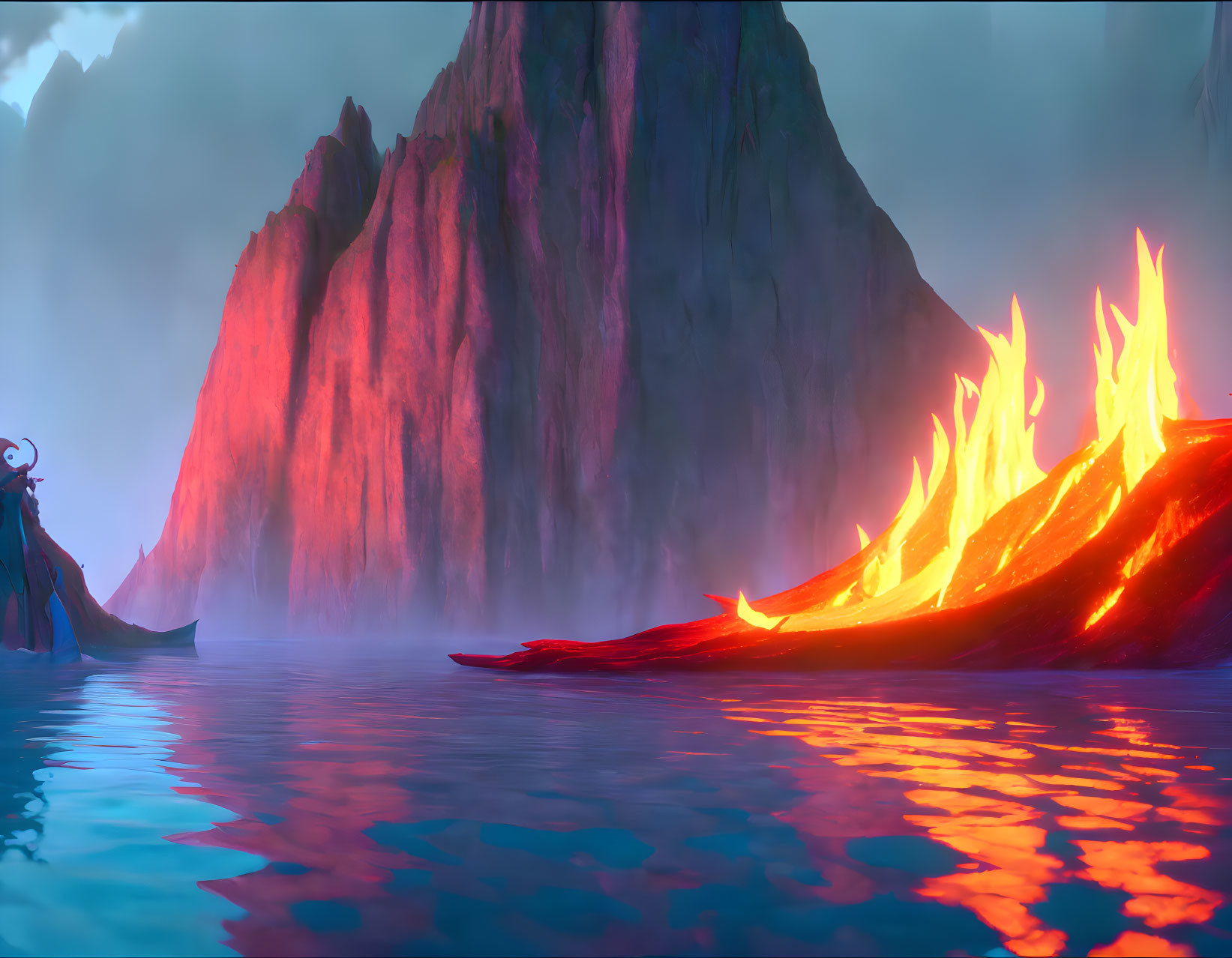 Molten lava river flowing into calm lake with fiery boat in rocky cliff landscape