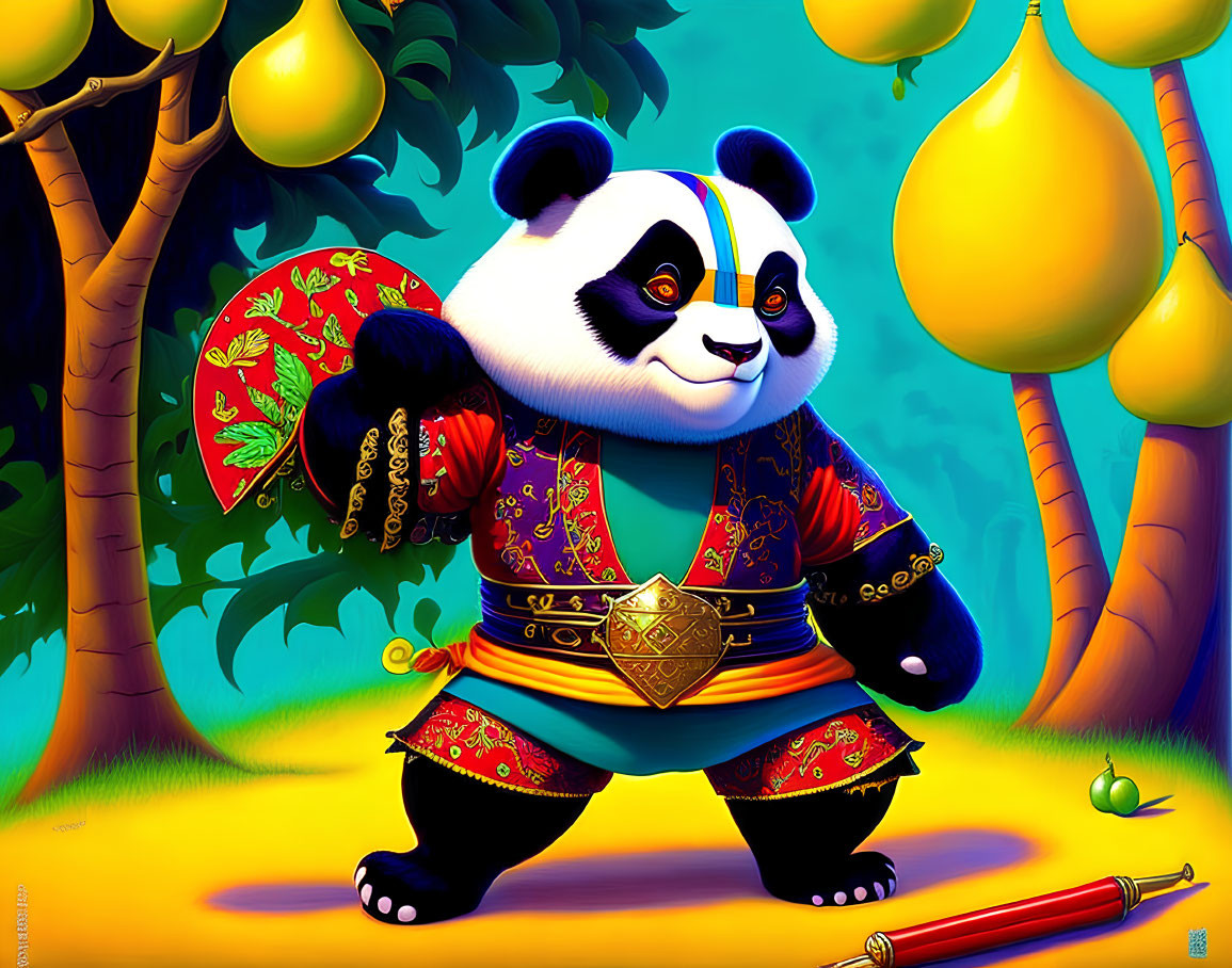 Traditional Chinese Attire: Animated Panda with Fan and Scroll