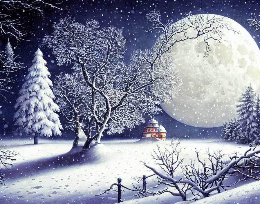 Snow-covered trees, large moon, cozy house: Winter night scene