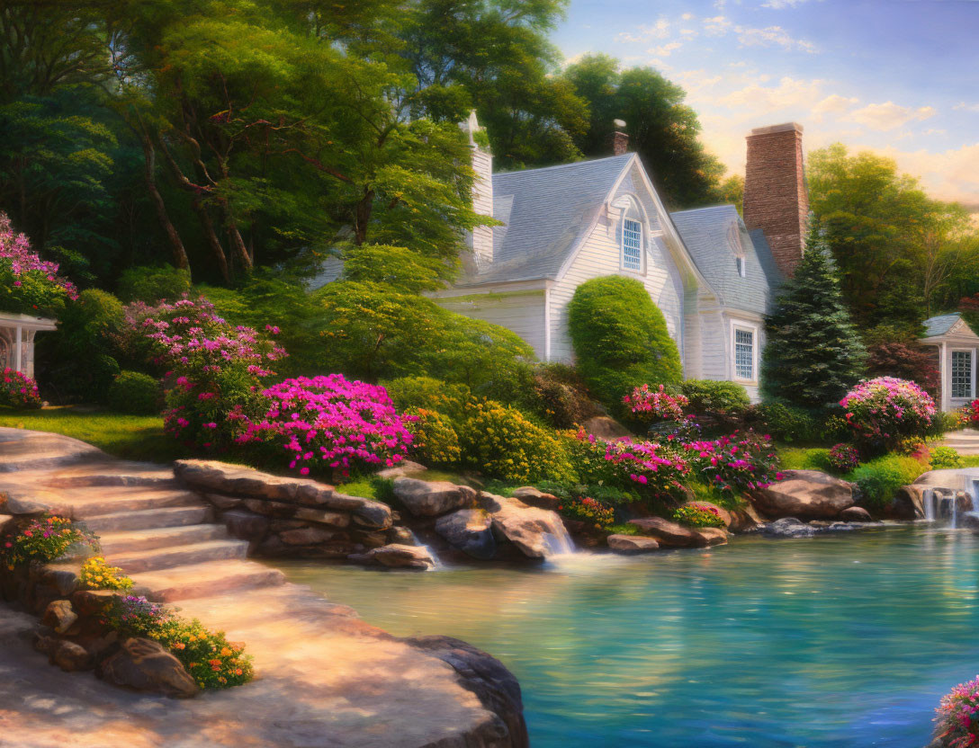 Charming cottage by pond with pink shrubs and stone path