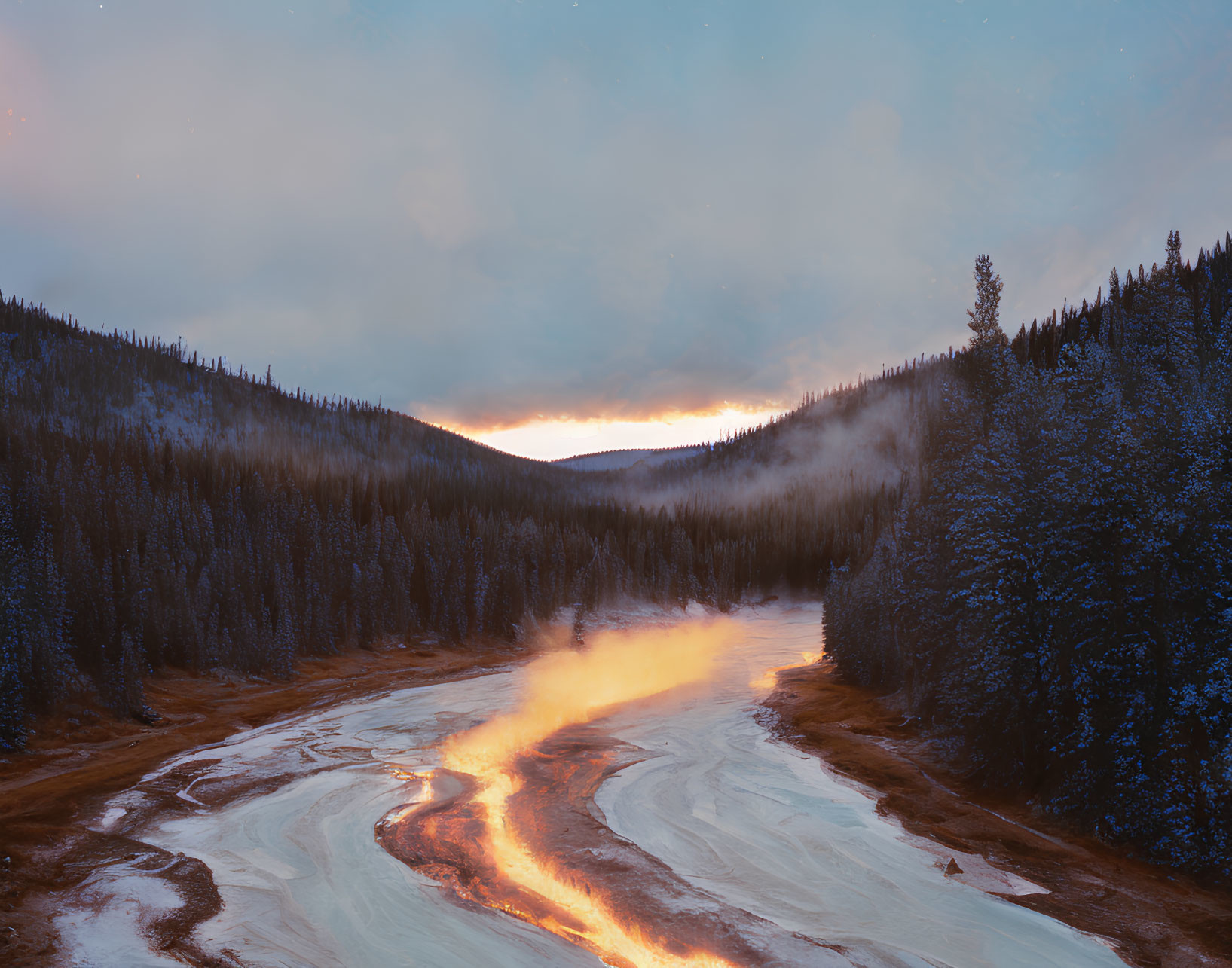 Snow-covered landscape at twilight with river reflecting warm sky glow and mist rising from hills.