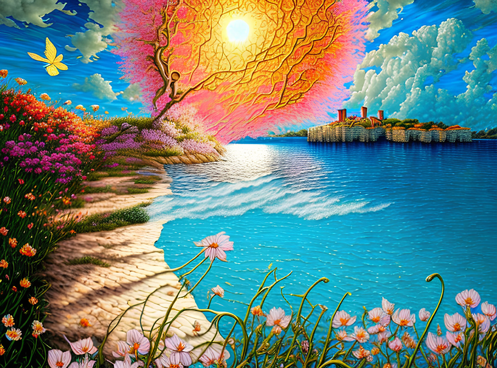 Colorful surreal landscape with sun-patterned tree and reflective river