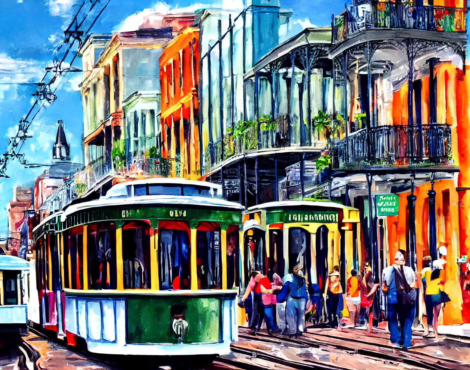 Vibrant street scene with classic streetcars and historical buildings