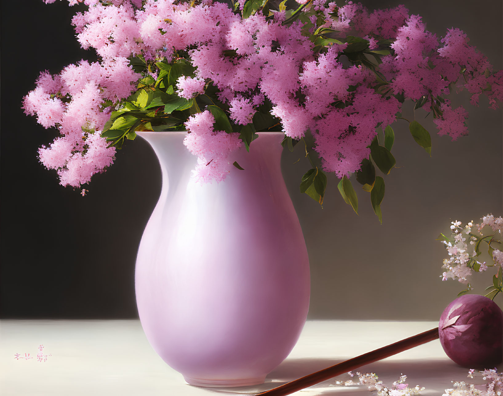 Pink vase with lilac flowers, marble, and wand on dark backdrop