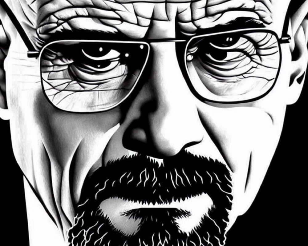 Monochrome digital portrait of bald man with glasses, intense gaze, goatee