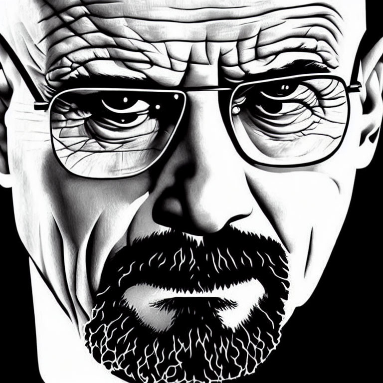 Monochrome digital portrait of bald man with glasses, intense gaze, goatee