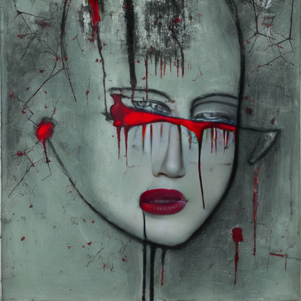 Surreal painting: face with red paint dripping over eyes