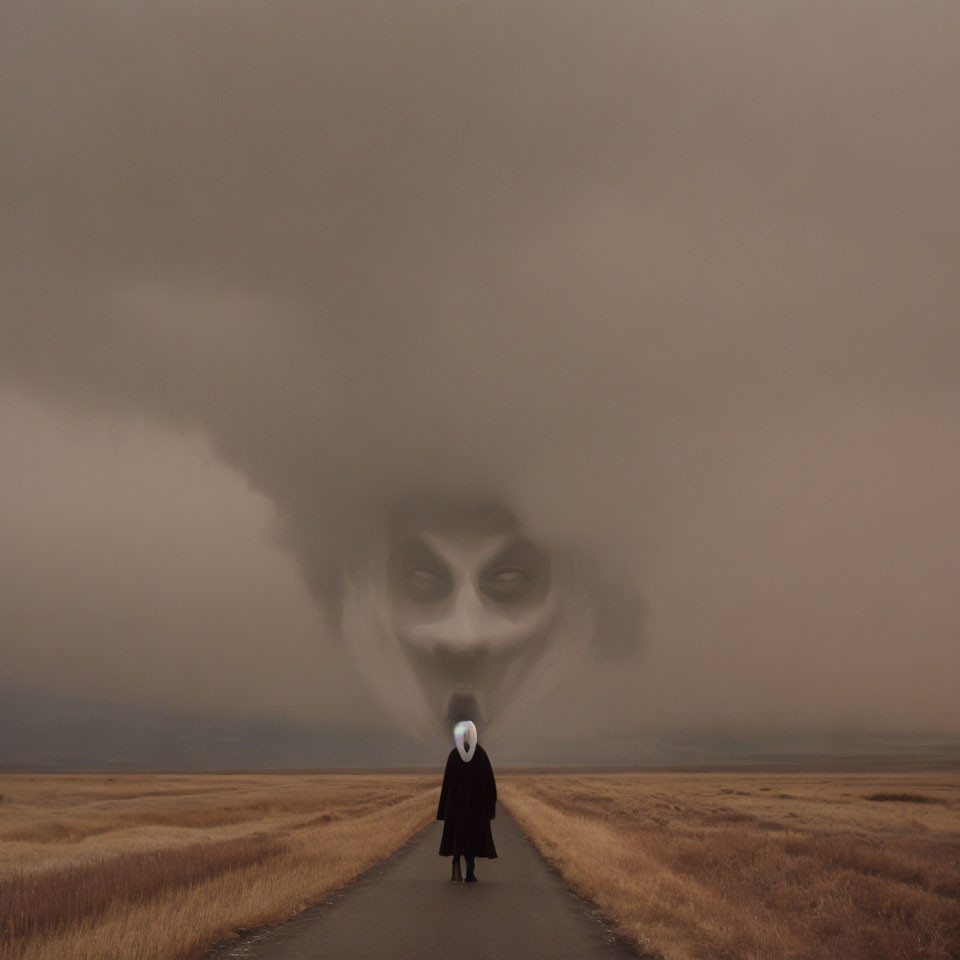 Plague doctor mask figure under surreal sky with face in clouds