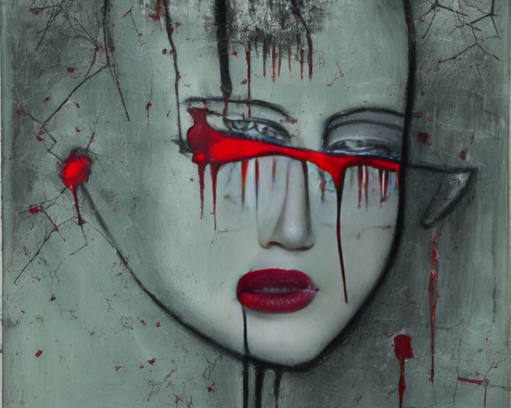 Surreal painting: face with red paint dripping over eyes