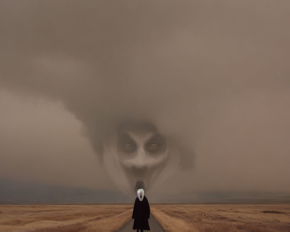 Plague doctor mask figure under surreal sky with face in clouds