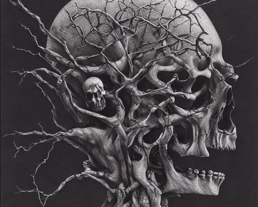 Monochrome skull with tree branches on dark background