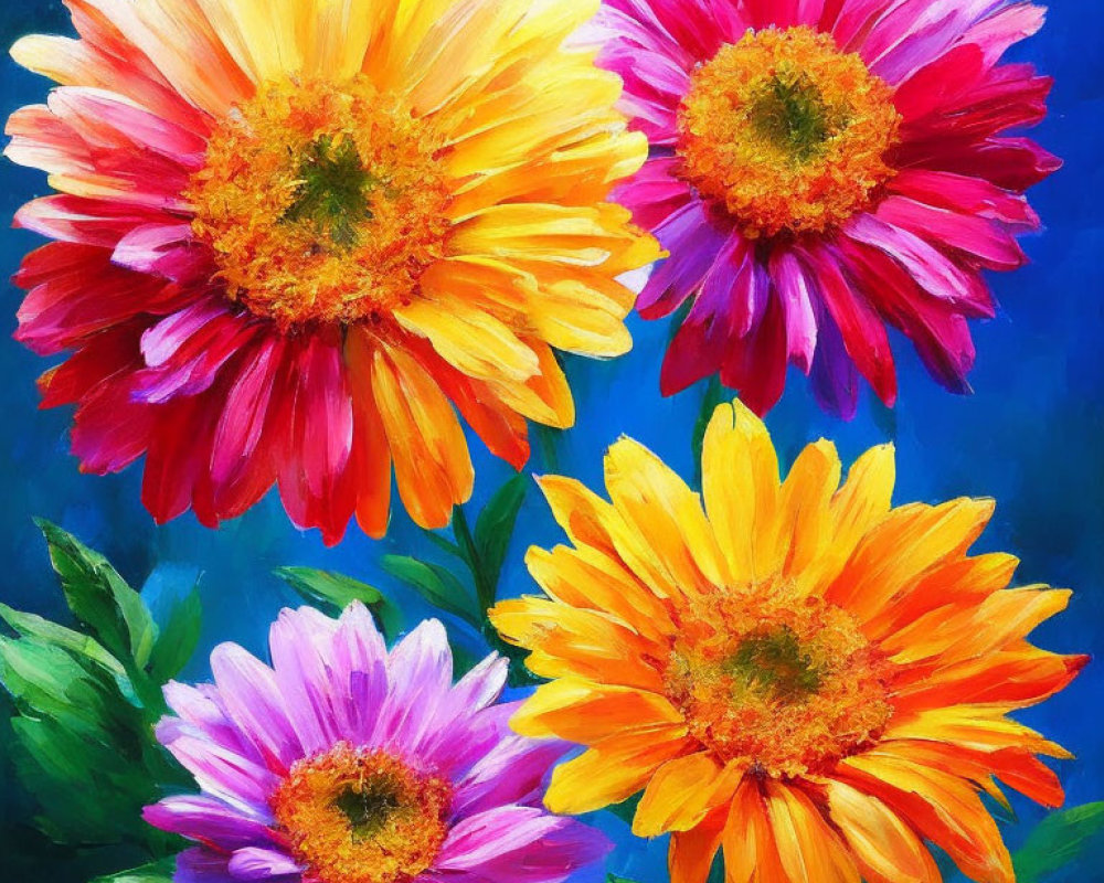 Colorful daisies painting on rich blue background