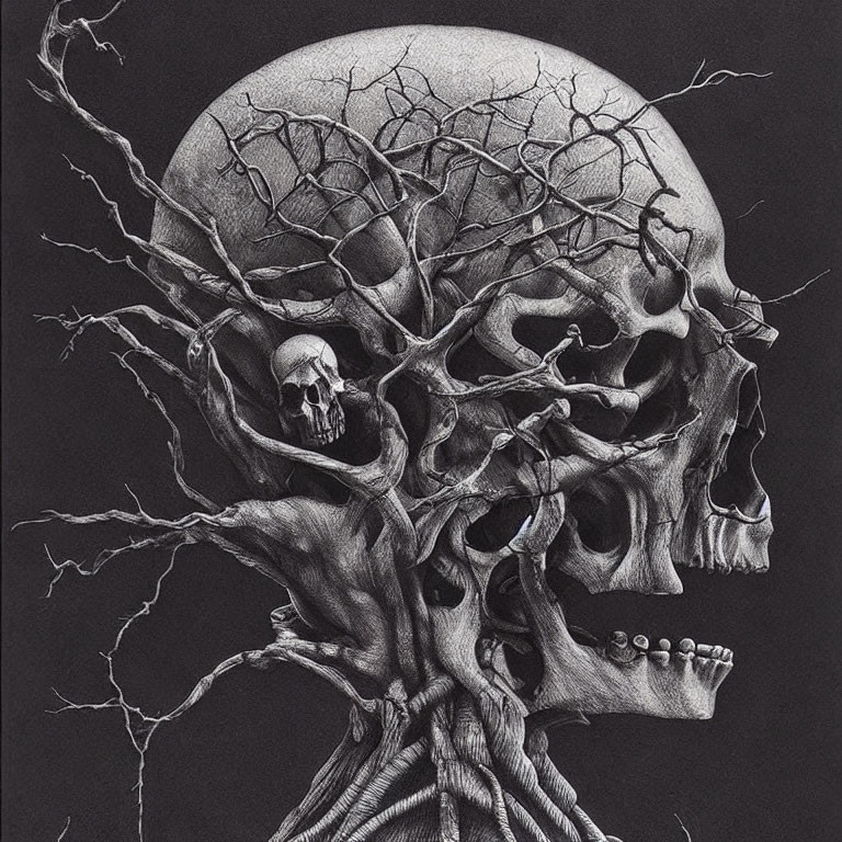 Monochrome skull with tree branches on dark background