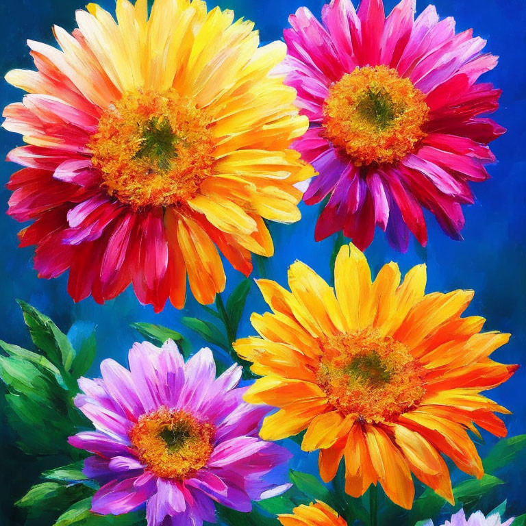 Colorful daisies painting on rich blue background