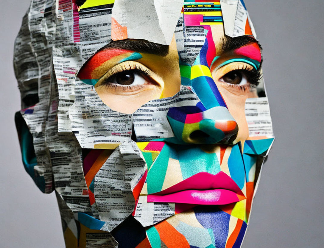 Vibrant face art with newspaper clippings and geometric makeup on grey backdrop