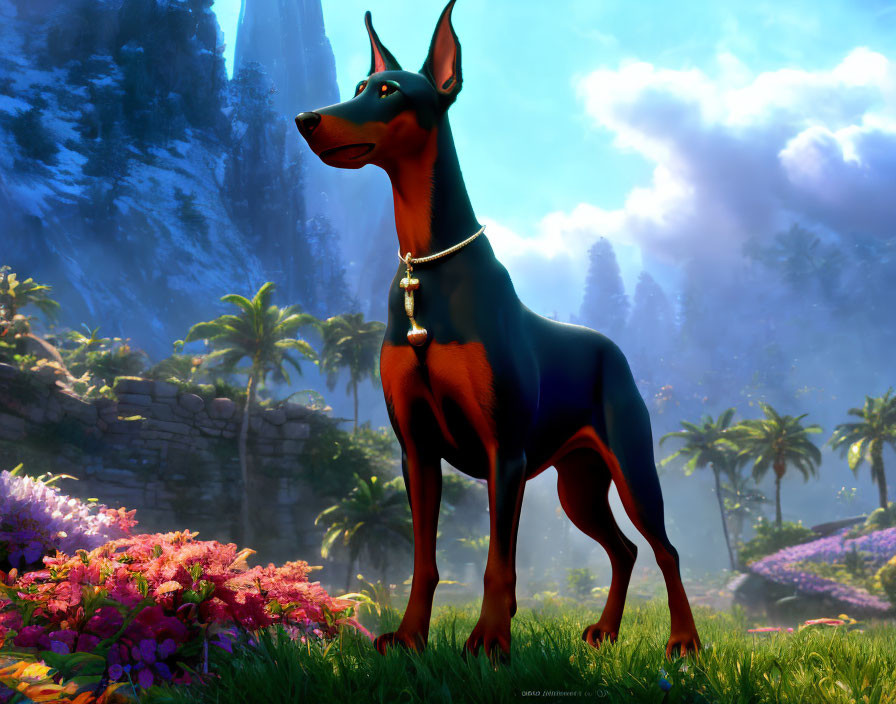 Stylized animated Doberman in vibrant, lush landscape