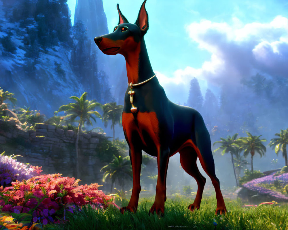 Stylized animated Doberman in vibrant, lush landscape