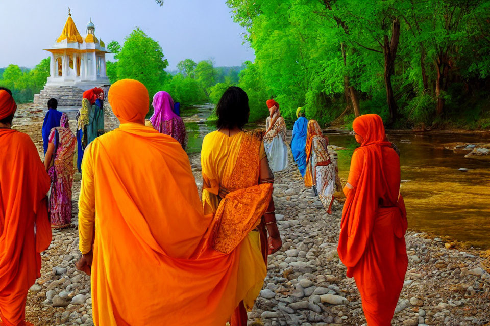 Colorfully Dressed People Walking to White Temple Amid Lush Greenery