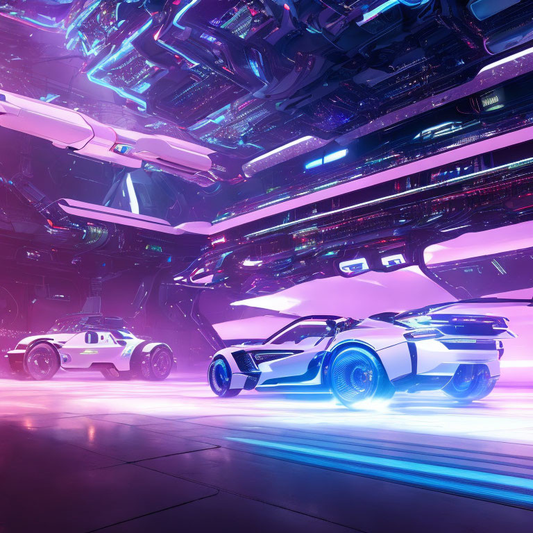 Futuristic cars with neon lights in high-tech, cyberpunk garage