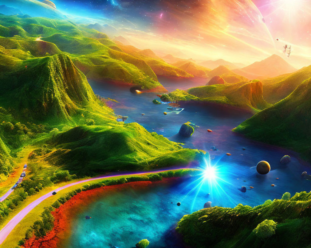 Colorful fantasy landscape with green hills, winding road, radiant lake, planets, and celestial body.