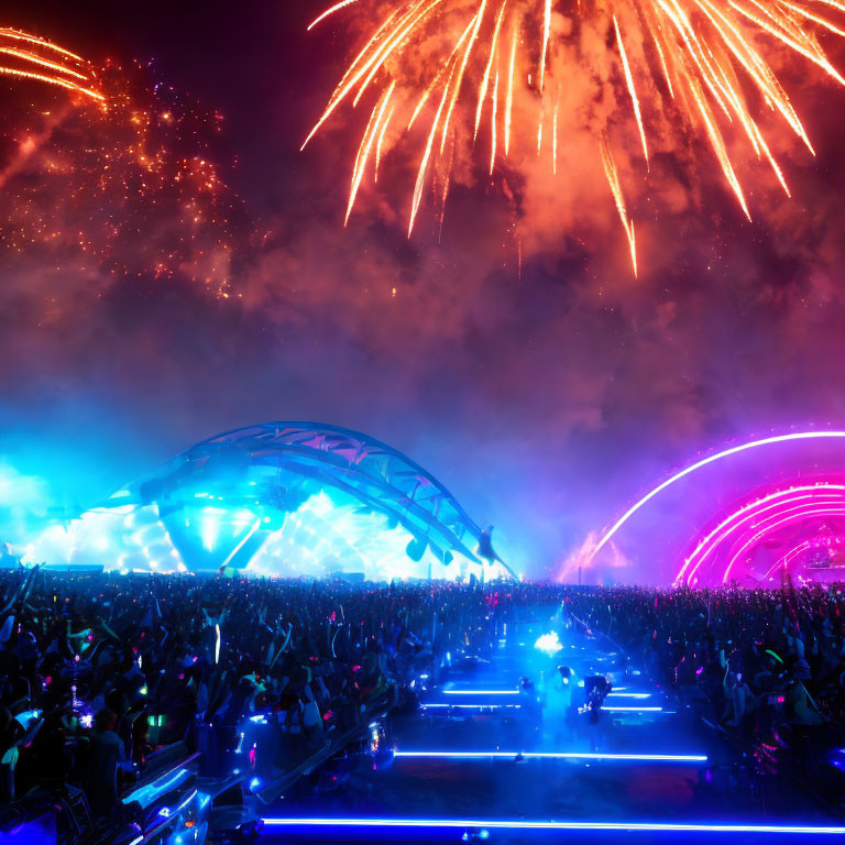 Nighttime music festival with massive crowd, fireworks, and colorful lighting