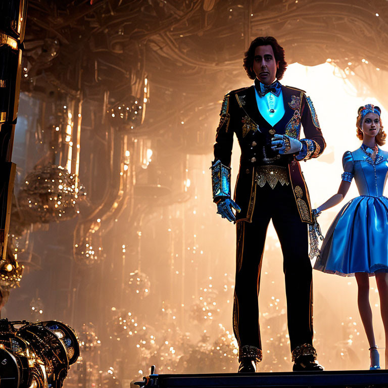 Man in ornate black and gold jacket on stage with woman in blue tutu in dramatic chandelier