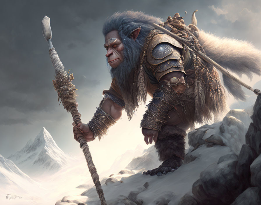 Fantasy artwork of humanoid ape-warrior in armor with staff, mountainous landscape