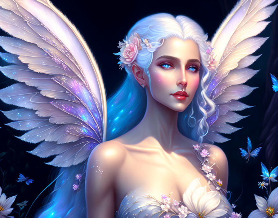 Ethereal woman with white hair and iridescent wings in mystical setting