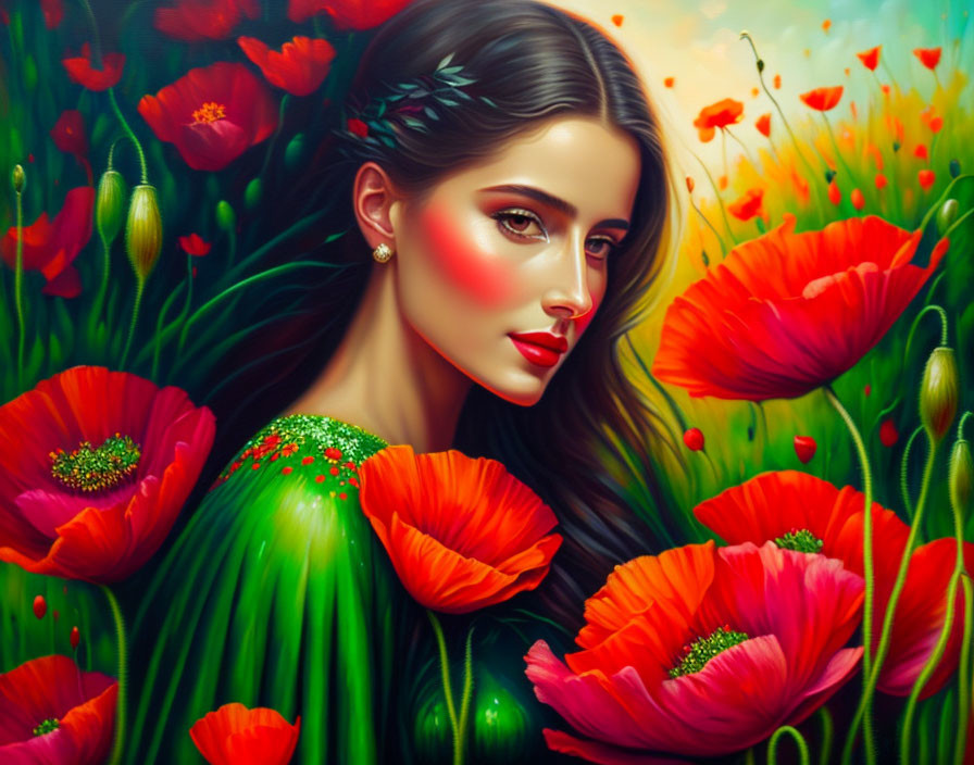 Digital artwork: Woman with dark hair in vibrant red poppies landscape