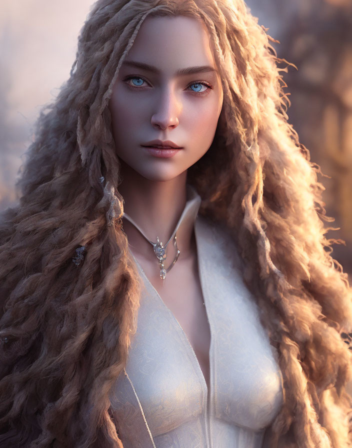 3D-rendered female character with long blonde hair and blue eyes in white outfit