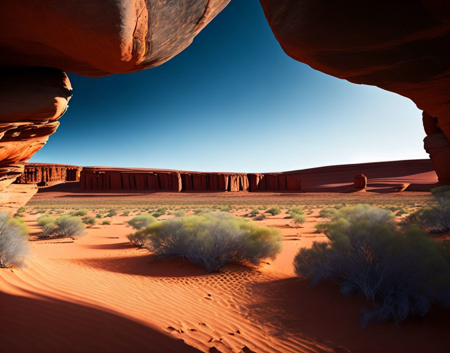 Red sand desert landscape with rock formations and green shrubs