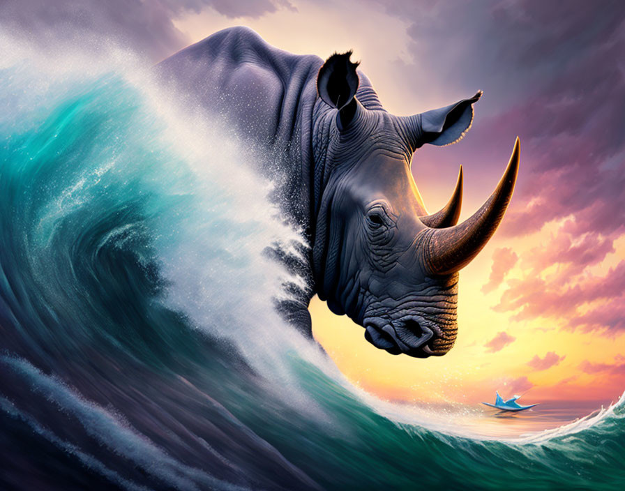 Surreal image of rhinoceros surfing huge wave at sunset