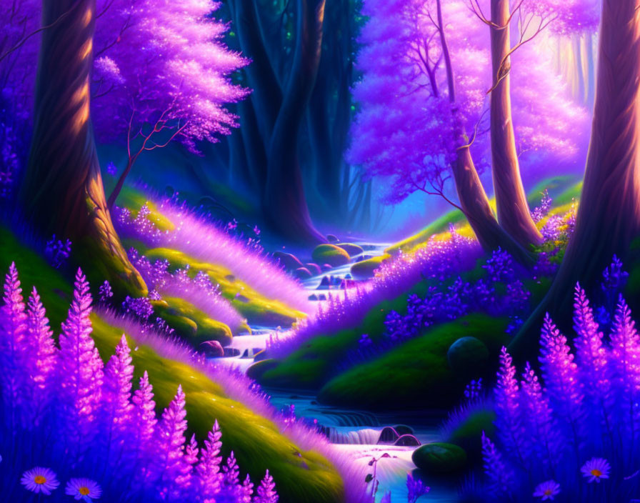 Vibrant fantasy forest with glowing purple and pink foliage and luminescent flowers