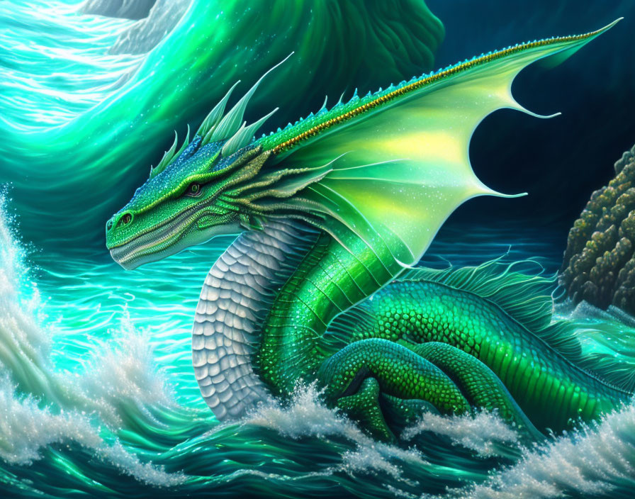 Majestic green dragon with shimmering scales above ocean waves