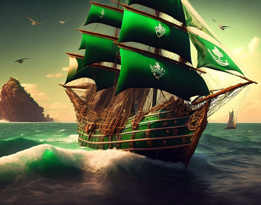 Majestic green-sailed ship navigating tumultuous seas near rocky coast